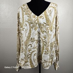 NEXT Baroque Print Blouse White Gold Long Sleeve V-Neck Top Women’s 12 UK16/EU44
